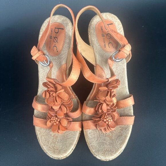 Born Concept Floral Orange Leather Slingback Wedge Heel Sandals - Size 8 - Picture 2 of 10